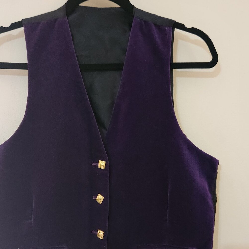 Vintage Prince Charlie Purple Velvet Straight Hem Gold Buttoned Waistcoast Vest - Picture 2 of 12
